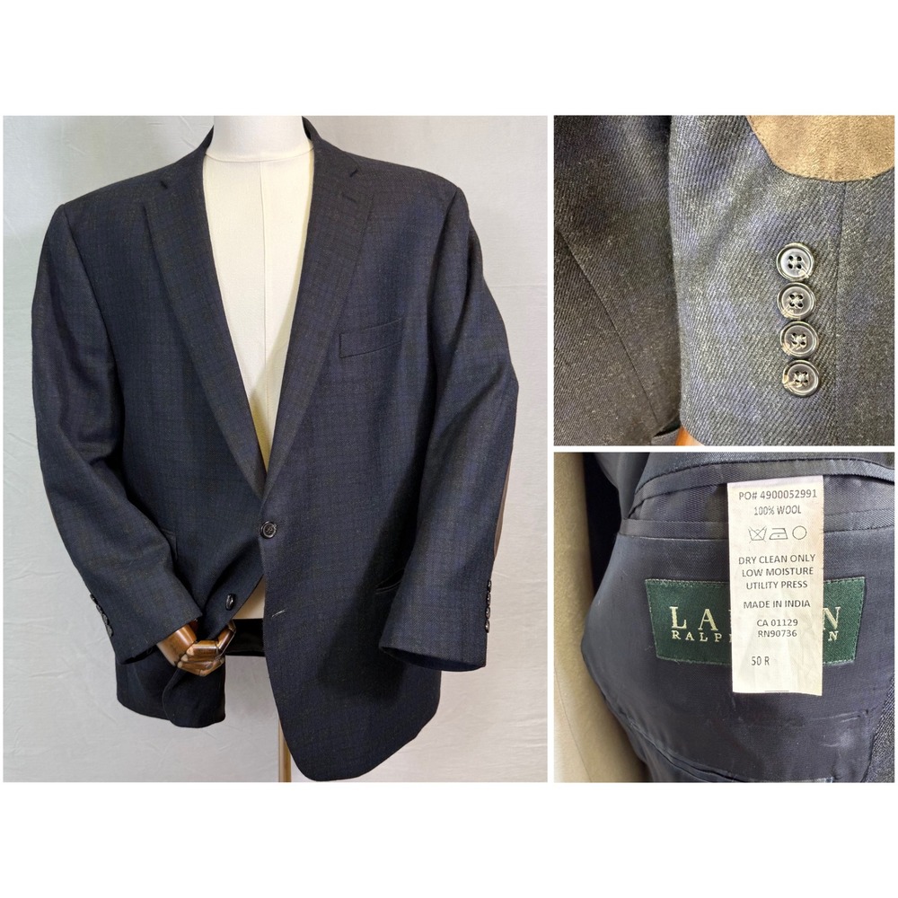 Lauren Ralph Lauren Blazer Mens 50R Black Plaid 100% Wool Elbow Patch Sport Coat